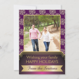Gold, purple snowflake and frame Christmas Groupon Holiday Card