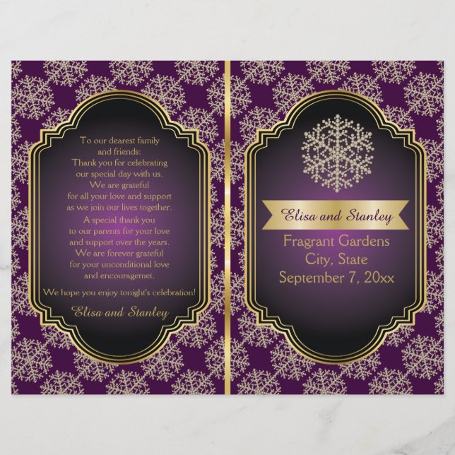 Gold, purple snowflake folded wedding program (Front)