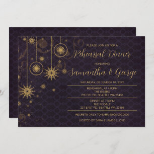 Gold Purple Snowflakes Winter Rehearsal Dinner Invitation