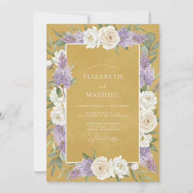 Gold Purple Soft Floral Wedding Invitation (Front)