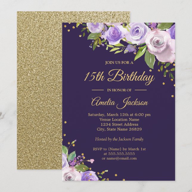 Gold Purple Sparkle Floral 15th Birthday Invite (Front/Back)
