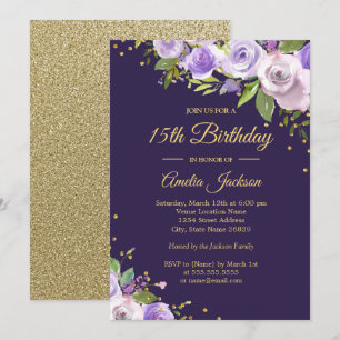 Gold Purple Sparkle Floral 15th Birthday Invite