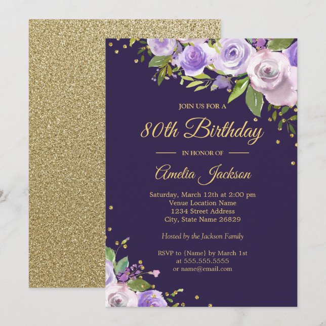 Gold Purple Sparkle Floral 80th Birthday Invite (Front/Back)