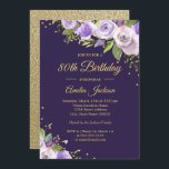 Gold Purple Sparkle Floral 80th Birthday Invite<br><div class="desc">More pretty floral Birthday Invitations in the Little Bayleigh Store!</div>