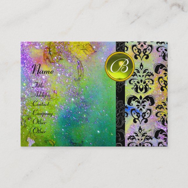 GOLD PURPLE SPARKLING DAMASK MONOGRAM green yellow Business Card (Front)