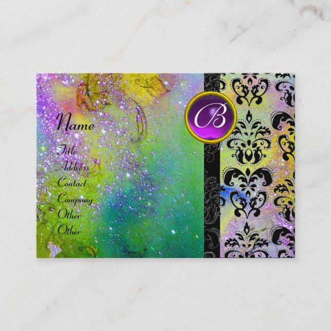 GOLD PURPLE SPARKLING DAMASK MONOGRAM green yellow Business Card (Front)
