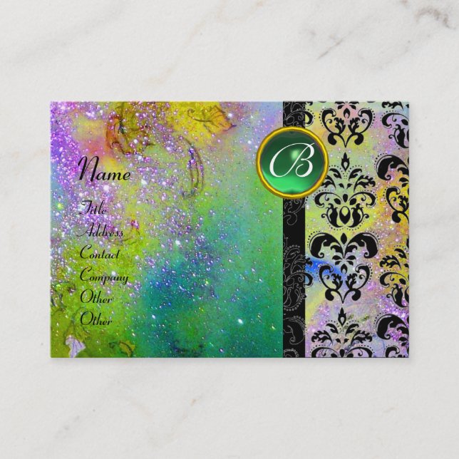 GOLD PURPLE SPARKLING DAMASK MONOGRAM green yellow Business Card (Front)