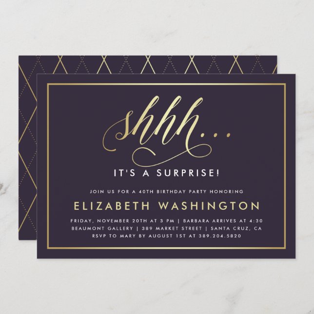 Gold & Purple Surprise Birthday Party Invitation (Front/Back)