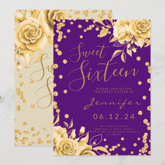 Gold Purple Sweet 16 Glitter Confetti Floral Invitation (Front/Back)