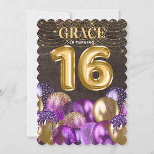 Gold Purple Sweet Sixteen Birthday Invitation