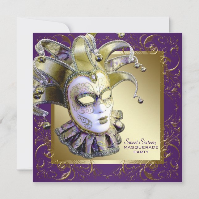Gold Purple Sweet Sixteen Masquerade Party Invitation (Front)