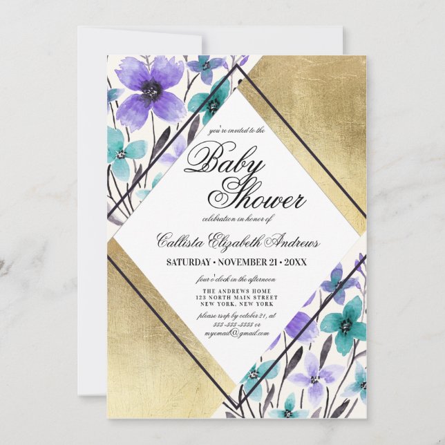 Gold Purple Teal Flower Watercolor Baby Shower Invitation (Front)
