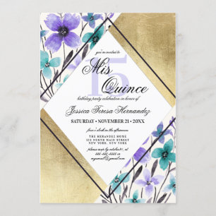 Gold Purple Teal Flower Watercolor Mis Quince Invitation