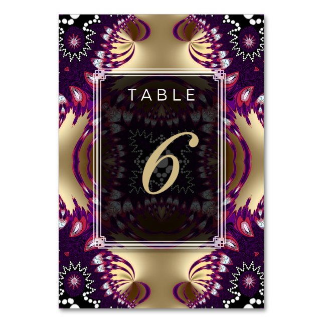 Gold Purple Tribal Wedding Menu+Table Number Card (Front)