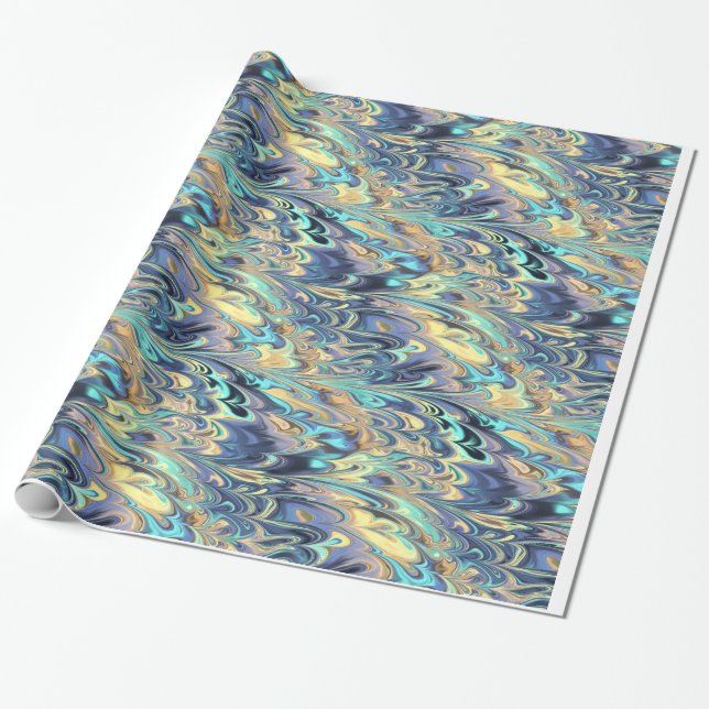 Gold, Purple & Turquoise Marbled Pattern Wrapping Paper (Unrolled)