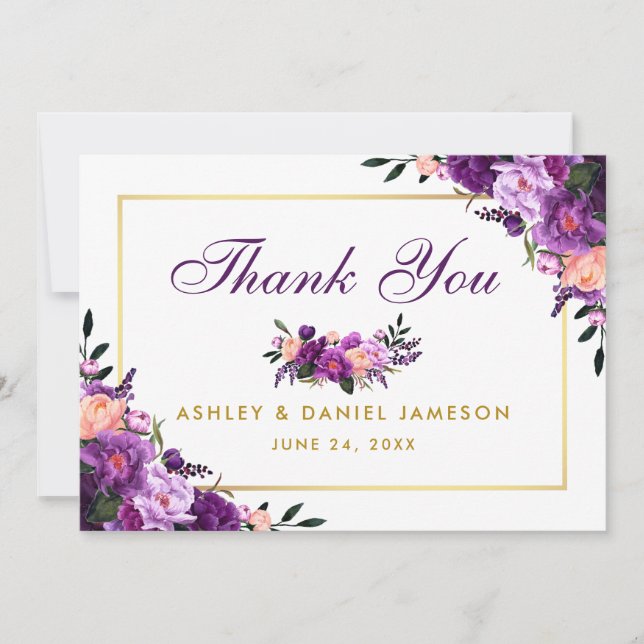 Gold Purple Ultra Violet Wedding Floral Thank You (Front)