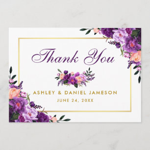 Gold Purple Ultra Violet Wedding Floral Thank You Card