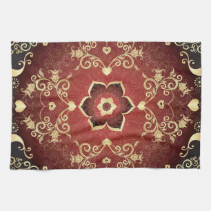 Gold-Purple Valentine Round Frame Tea Towel