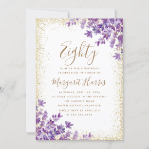Gold Purple Violet Lavender 80th Eighty Birthday Invitation