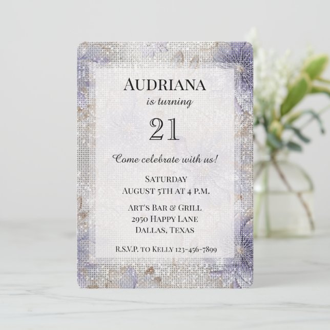 Gold Purple White Floral Sparkle Birthday   Invitation (Standing Front)