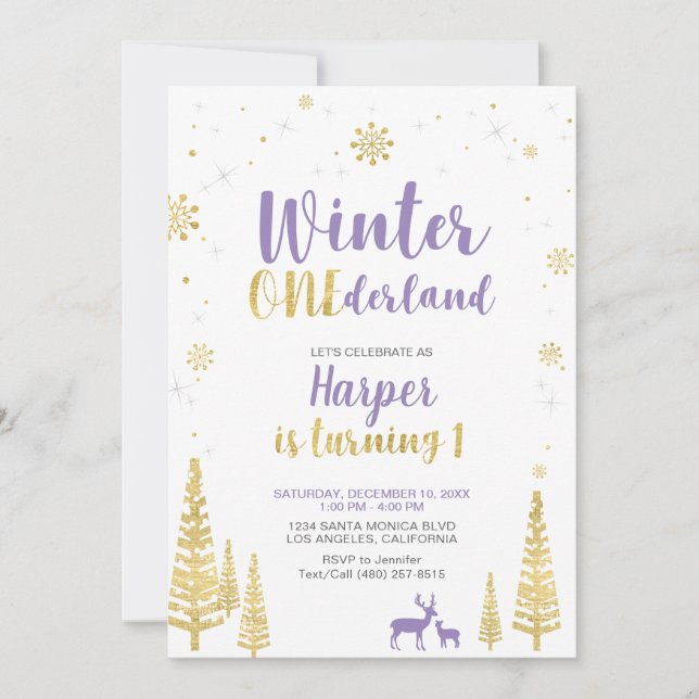 Gold & Purple, Winter Girl 1st Birthday Invitation (Front)