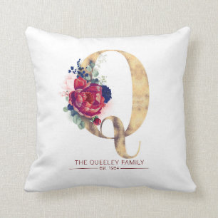 Gold Q Monogram Floral Burgundy Red and Navy Blue Cushion