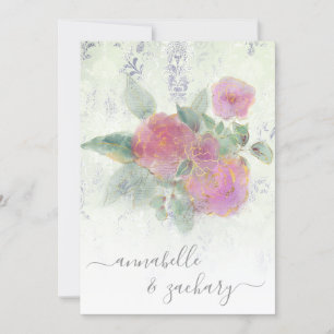 *~* Gold QR AR12 Damask RSVP Rose Bouquet Wedding Invitation
