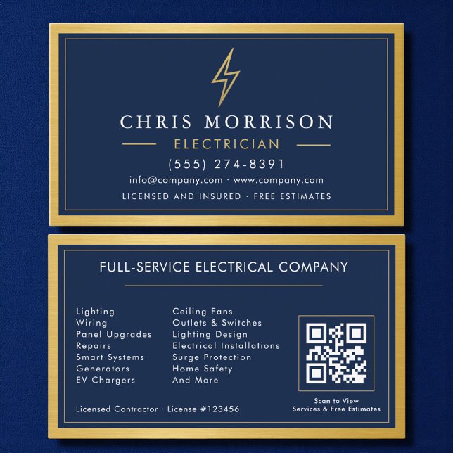 Gold QR Code Electrician Electrical Contractor  Business Card (Creator Uploaded)