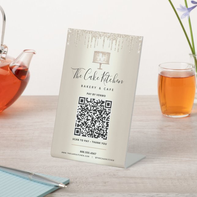 Gold QR Code Pay Here Bakery Cake Glitter Drips Pedestal Sign (In SItu)