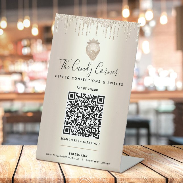 Gold QR Code Pay Here Strawberry Glitter Drips Pedestal Sign (Creator Uploaded)