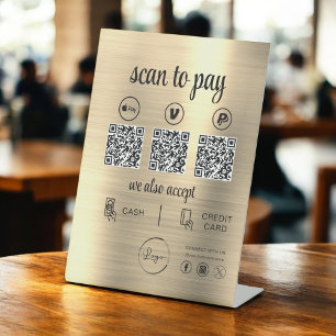 Gold QR Code Payment Scan to Pay Business Logo Pedestal Sign
