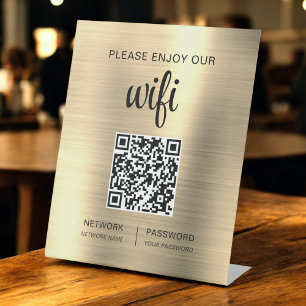 Gold QR Code Please Enjoy Our Wifi Pedestal Sign