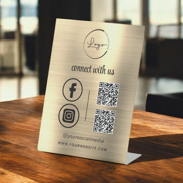 Gold QR Connect With Us Business Logo Social Media Pedestal Sign (Creator Uploaded)