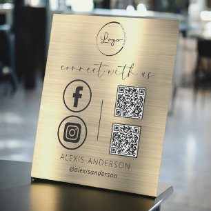 Gold QR Connect With Us Business Logo Social Media Pedestal Sign