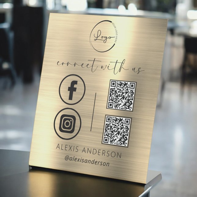 Gold QR Connect With Us Business Logo Social Media Pedestal Sign (Creator Uploaded)