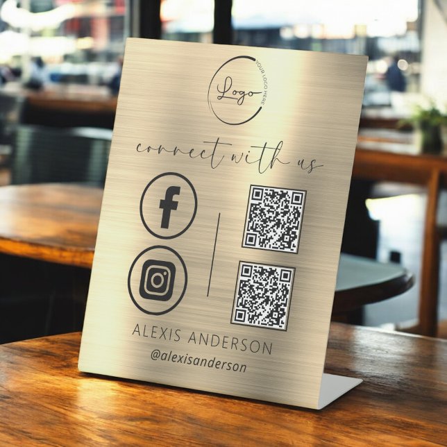 Gold QR Connect With Us Business Logo Social Media Pedestal Sign (Creator Uploaded)