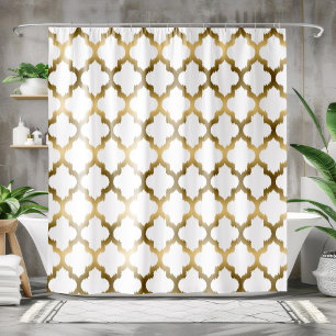 Gold Quatrefoil Ikat Geometric Pattern Shower Curtain