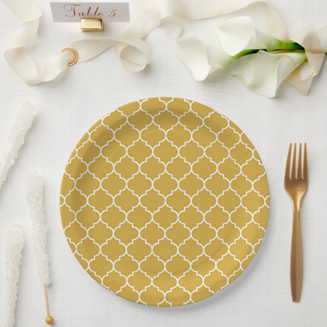 Gold Quatrefoil Pattern Paper Plate (Wedding)