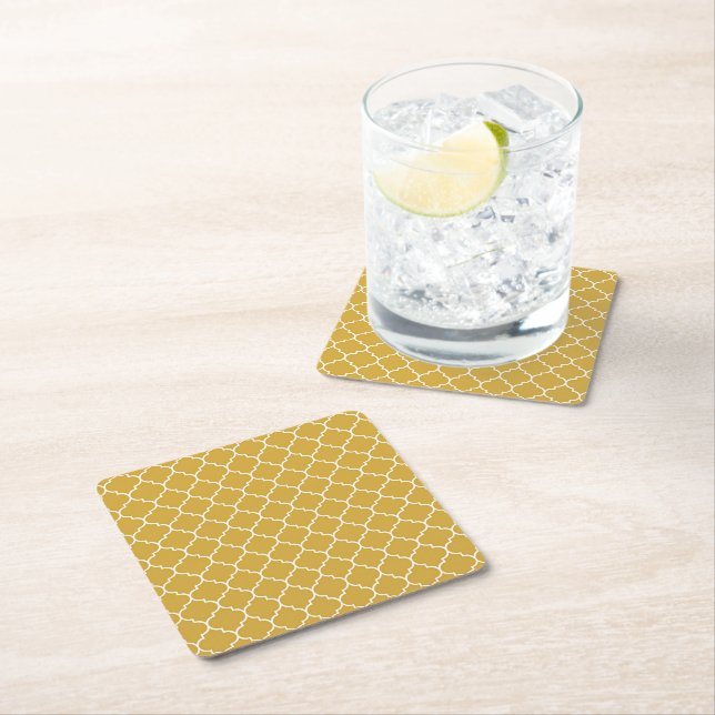 Gold Quatrefoil Pattern Square Paper Coaster (Insitu)