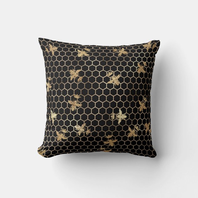 Gold Queen Bees and Honeycomb on Black Cushion (Front)