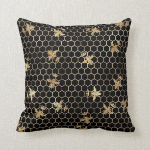 Gold Queen Bees and Honeycomb on Black Cushion