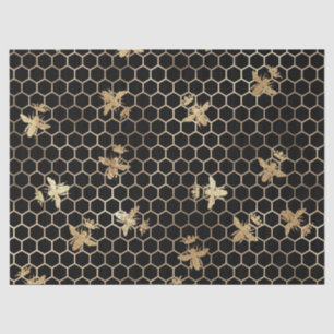 Gold Queen Bees and Honeycomb on Black Decoupage Tissue Paper