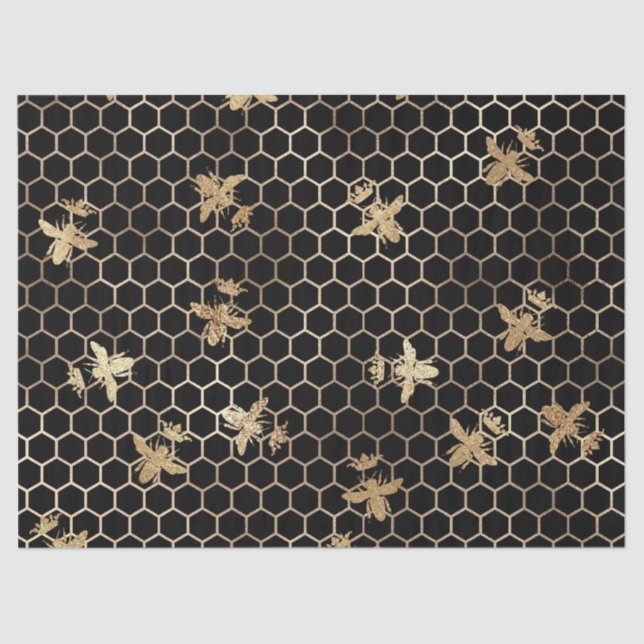 Gold Queen Bees and Honeycomb on Black Decoupage Tissue Paper (Front)
