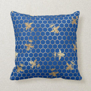 Gold Queen Bees and Honeycomb on Blue Cushion