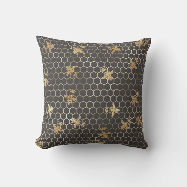 Gold Queen Bees and Honeycomb on Grey Cushion (Front)