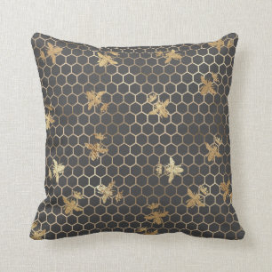 Gold Queen Bees and Honeycomb on Grey Cushion