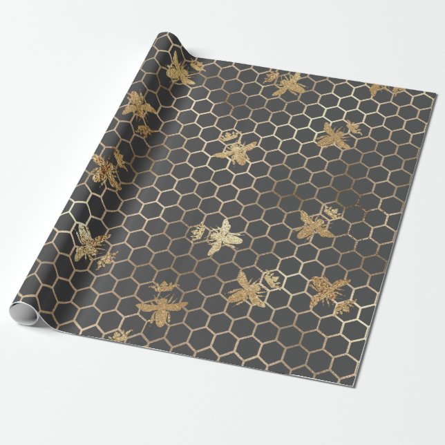 Gold Queen Bees and Honeycomb on Grey Wrapping Paper (Unrolled)