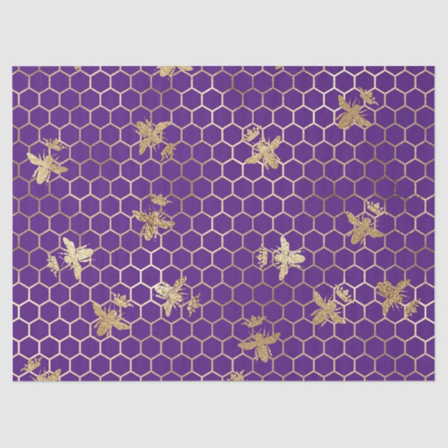 Gold Queen Bees and Honeycomb on Purple Decoupage Tissue Paper (Front)