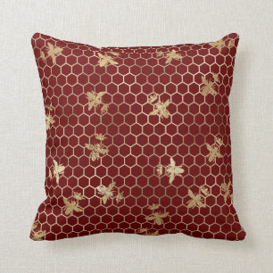 Gold Queen Bees and Honeycomb on Red Cushion