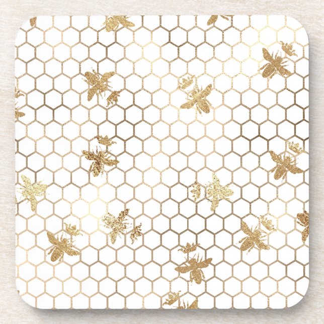 Gold Queen Bees and Honeycomb on White Coaster (Front)
